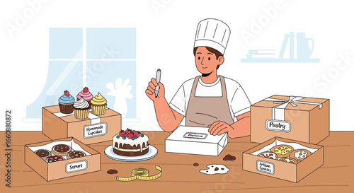 A baker in a chef's hat prepares homemade desserts, packaging cupcakes, cake, donuts, and pastries in boxes at a wooden table.
