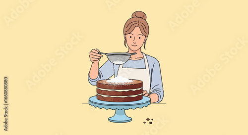 Woman carefully sifting powdered sugar onto a layered chocolate cake.