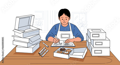 A young baker meticulously writing on a notepad, surrounded by boxes of donuts.