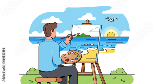 An artist sits on a stool outdoors, painting a seascape with a bright sun, island, and bird on a canvas.