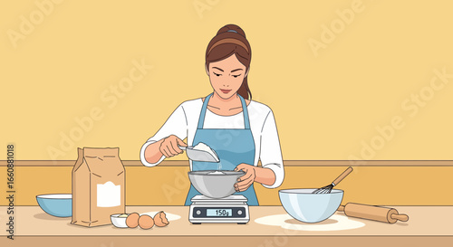 Woman measuring flour on a kitchen scale for baking.