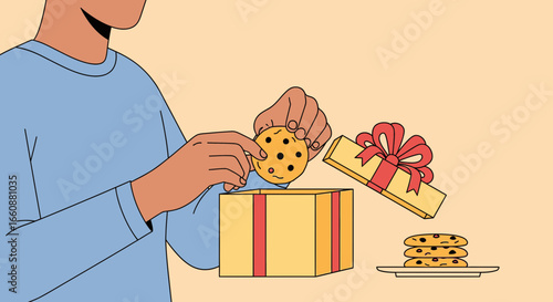 Person opening a gift box containing chocolate chip cookies, with a stack of cookies on a plate nearby.