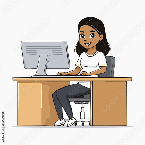 A cartoon woman sitting at a desk with a computer.