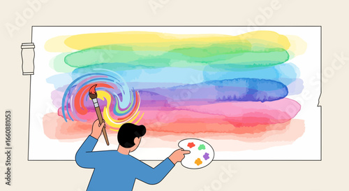 An artist paints a vibrant rainbow-colored artwork, mixing colors with a brush.