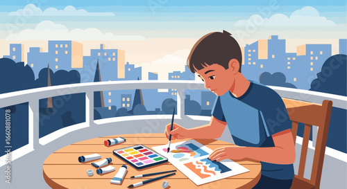 A young boy paints on a balcony overlooking a city skyline, focused on his artwork.