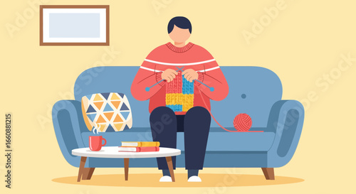 Relaxed man in a cozy living room, engrossed in knitting colorful yarn.