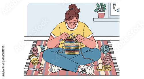 Woman with glasses sits on a rug, knitting a colorful scarf with yarn and needles.