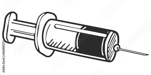 Illustration of a syringe with a needle and plunger filled with a dark liquid on white background