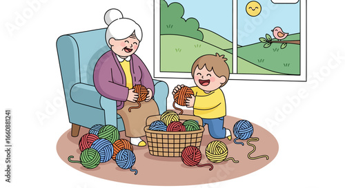 A smiling grandmother sits in an armchair knitting with her grandson playing with balls of yarn near a window.
