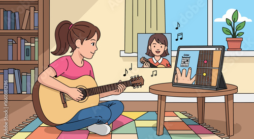 Young girl learning to play the guitar with online lessons, at home.