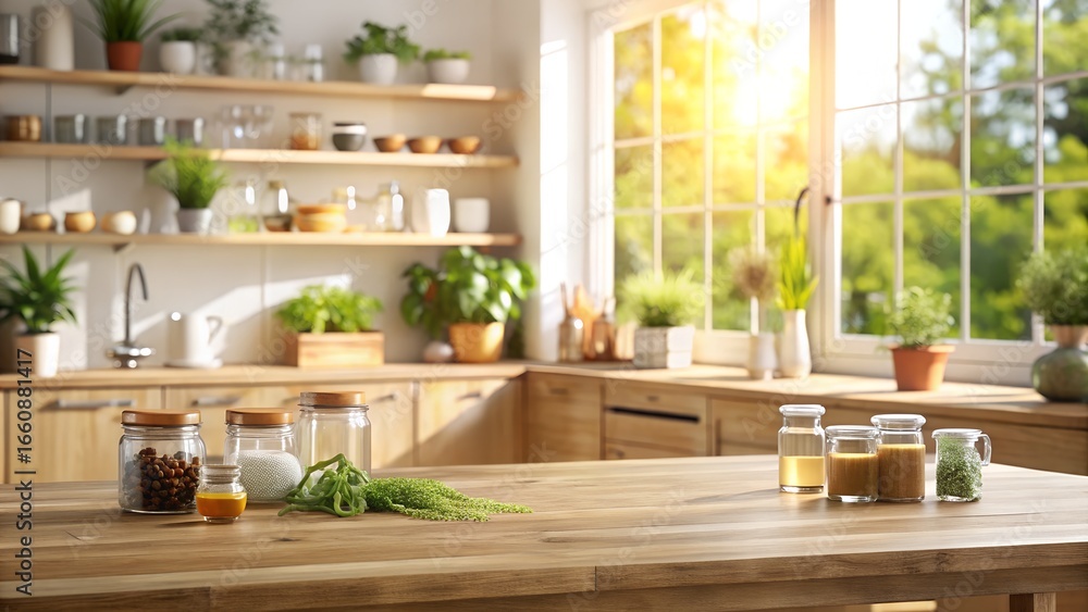 Fototapeta premium Bright and Airy Kitchen Interior with Natural Light and Wooden Accents