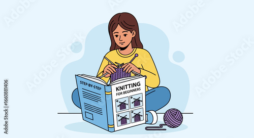 Young woman seated, engrossed in knitting, consulting a knitting instruction book.