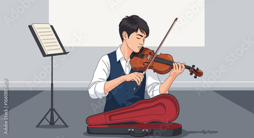 Young man sits serenely playing violin, music sheet nearby.