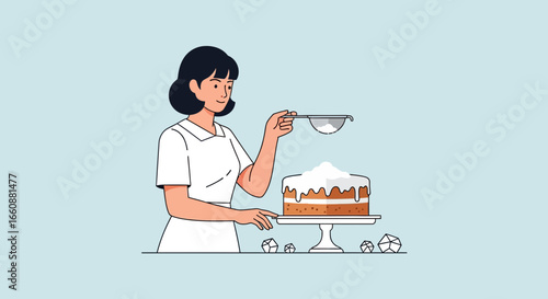 A woman in an apron sprinkles powdered sugar onto a frosted cake on a cake stand, with decorative elements around the base.