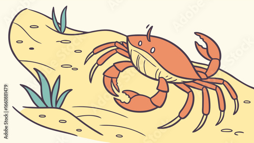 A cartoon crab on the sandy beach.