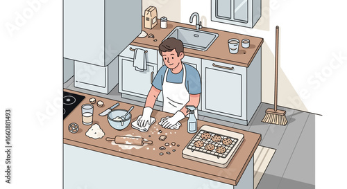 A man wearing an apron cleaning a kitchen counter after baking cookies.