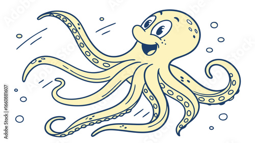 A cheerful cartoon octopus swimming underwater.
