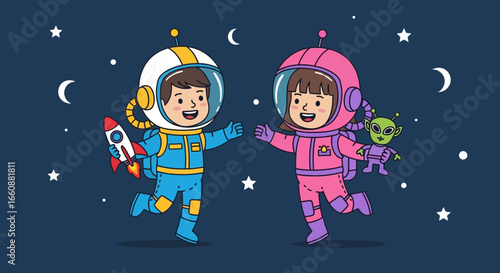 Joyful children astronauts float in space, exploring stars and a friendly alien.