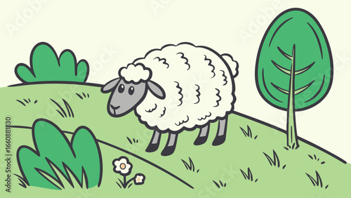 A cartoon sheep standing on a green hill.