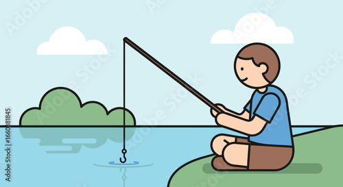 A cartoon boy sits on a grassy bank, holding a fishing rod over a blue lake with a hook dangling in the water.