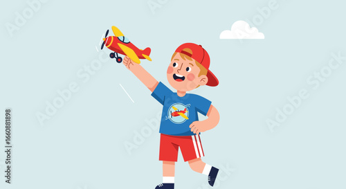 Smiling boy in a baseball cap plays with a toy airplane outdoors.