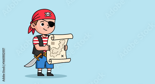 A cheerful young pirate boy holds a treasure map, ready for adventure.