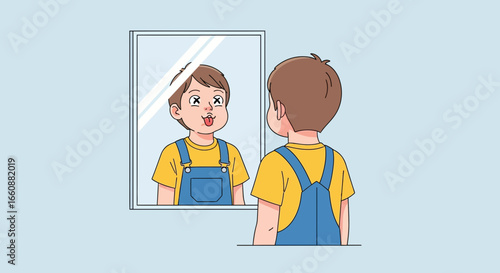 A young boy stands in front of a mirror, playfully sticking his tongue out at his reflection.
