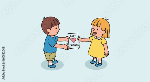 Boy and girl exchanging a heartfelt handmade card.