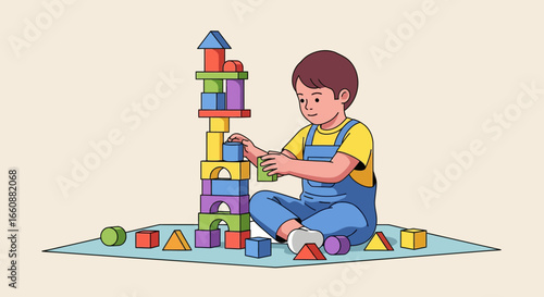 A young boy sits cross-legged, carefully stacking colorful wooden blocks to build a tall tower on a blue mat.
