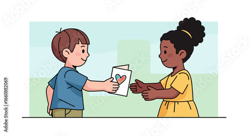 Two children exchanging a greeting card, a heartwarming gesture of friendship.
