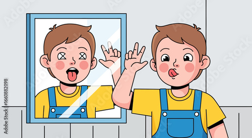 A young boy playfully makes faces at himself in a bathroom mirror.