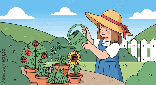 A young girl in a hat waters plants in pots in a garden, with a white picket fence and rolling green hills in the background.