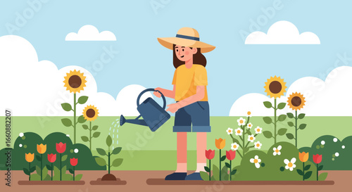 Young girl watering flowers in a vibrant garden filled with sunflowers and tulips.