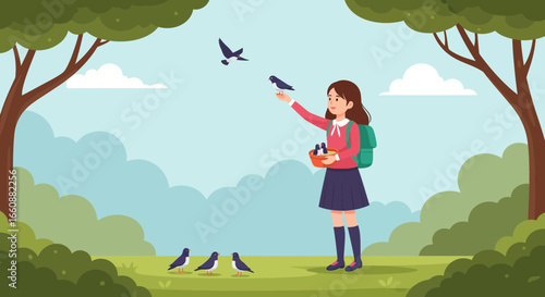 Girl feeding birds in a tranquil forest setting.