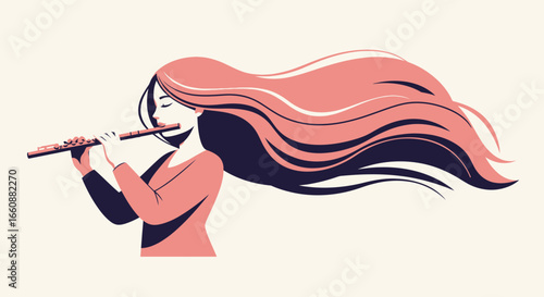 An illustration of a woman playing the flute, her long hair flowing dramatically in the wind.