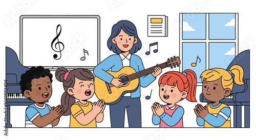 Smiling teacher plays guitar for enthusiastic children in music class.