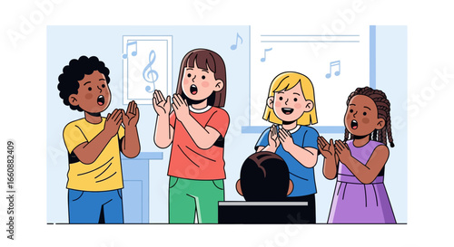 A group of diverse children singing and clapping in a classroom setting, enjoying music.