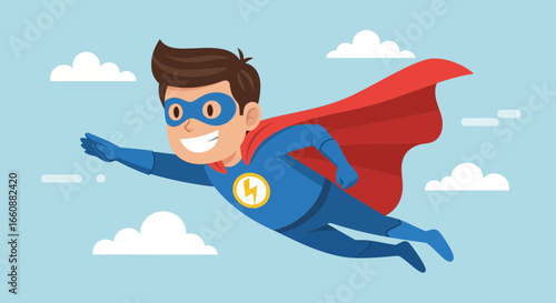 Cartoon illustration of a smiling boy dressed as a superhero, flying through a blue sky with white clouds.