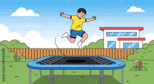 A boy joyfully jumps on a blue trampoline in a backyard setting, with a modern house in the background.