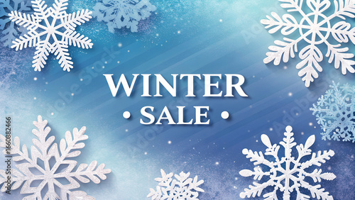 Winter sale banner. Origami snowfall. background with snowflakes