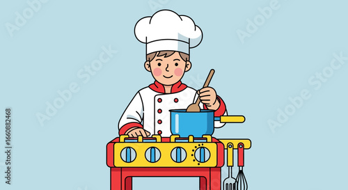 Smiling child chef stirring a pot on a toy stove.
