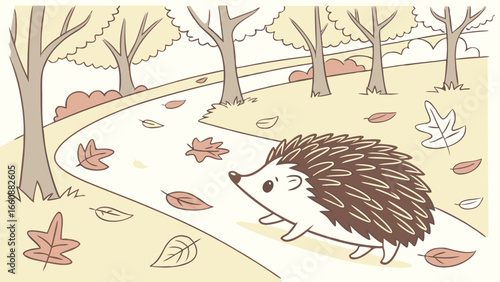 A cartoon hedgehog walking on a path.