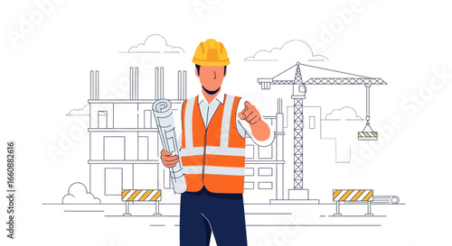 Construction worker in safety gear pointing towards a building under construction, holding blueprints.