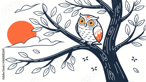 Illustration of an owl perched on tree branch at sunset.