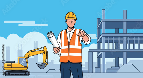 Construction worker in hard hat holding blueprints points toward a building under construction with an excavator nearby.