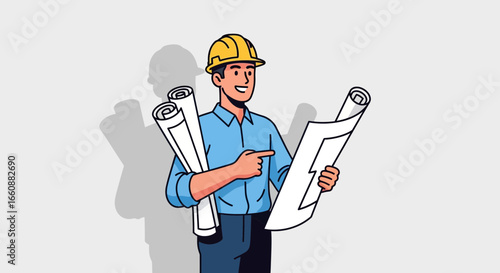 A smiling construction worker in a hardhat pointing at blueprints, holding rolled plans.