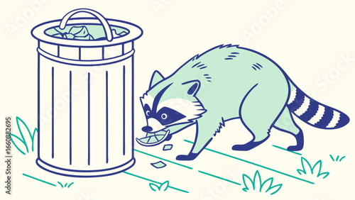 Raccoon searching for food in trash can.