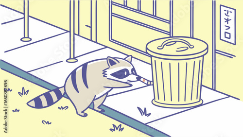 Raccoon exploring a city sidewalk trash can.