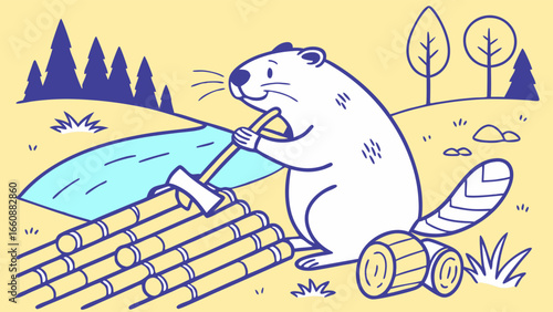 A beaver building a dam with sticks.