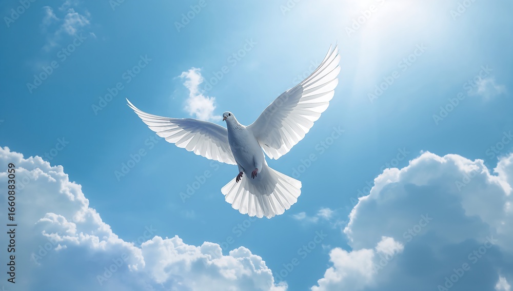 Fototapeta premium Symbol of Peace: Dove Flying Above the Clouds